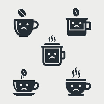 Sad coffee cups icons with sad faces and coffee beans