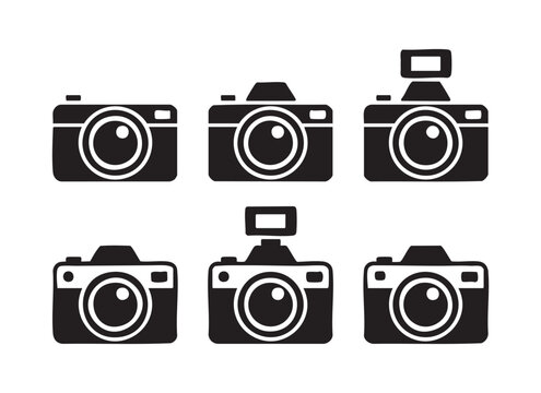 Dslr camera silhouette icon set featuring different models and flash attachments for studio concepts.