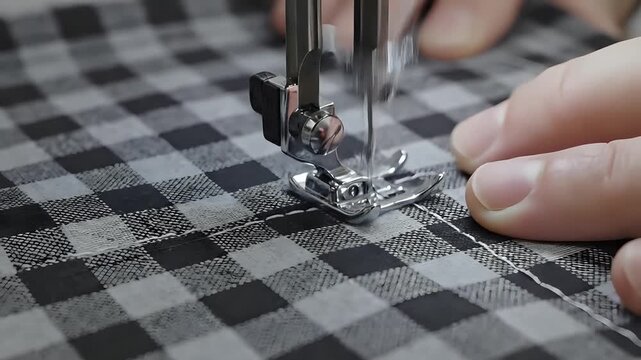 Closeup of a sewing machine needle stitching a checkered fabric.