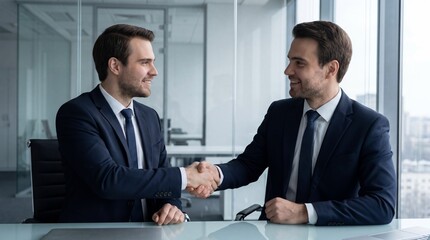 Plakat Two businessmen shaking hands in a modern office space with glass walls and city view