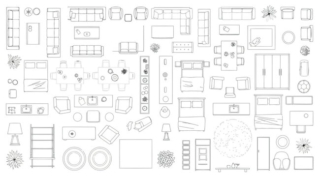 Top view furniture collection for floor plans architectural symbols of sofas, beds, tables, chairs, and kitchen elements for interior design and space planning