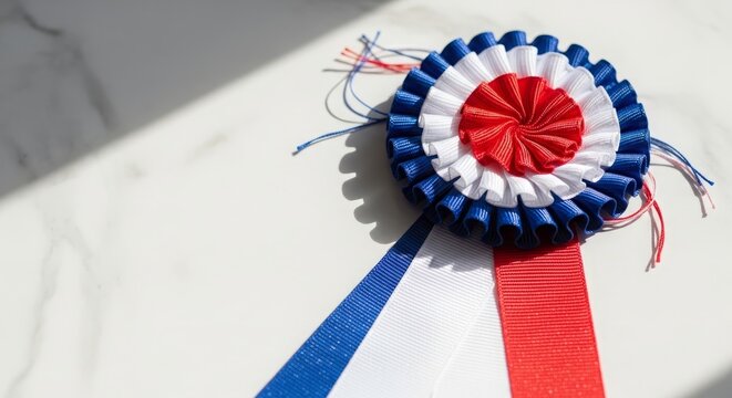 Minimalist Bastille Day Flat Lay Featuring a French Tricolor Silk Rosette Cockade on White Marble Surface, Elegant French National Day Concept Wallpaper