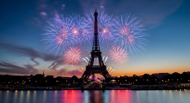 Bastille Day Celebration in Paris with Eiffel Tower Silhouette and Vibrant Red and Blue Fireworks Exploding in a Crisp Night Sky at Twilight