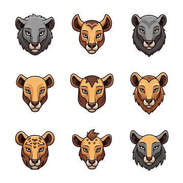 Set of Cartoon Big Cat Heads - Lion, Tiger, Leopard, Panther