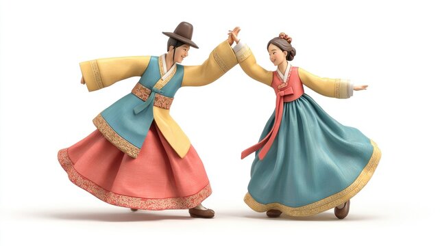 Exquisite 3D Render of a Korean Couple Dancing Gracefully in Colorful Traditional Hanbok