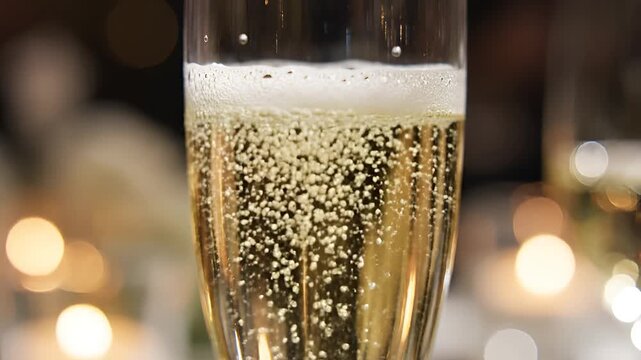 Closeup of champagne bubbles rising in a glass with bokeh lights.