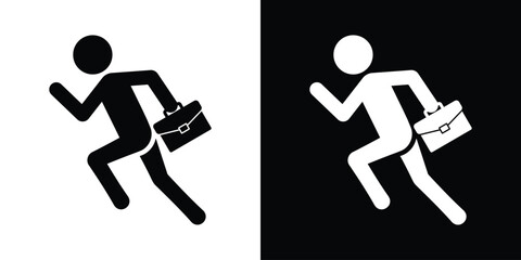 Fototapeta premium Vector icon of a businessman running while carrying a briefcase. Symbolizes rushing, meeting a deadline, professional success, or career pace. Simple black and white isolated design for business theme