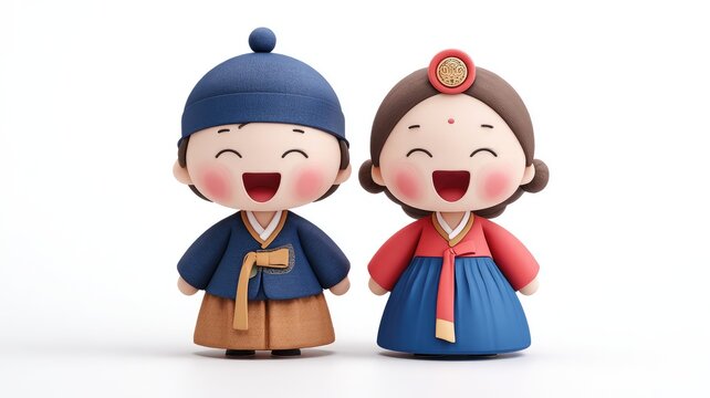 Exquisitely Detailed 3D Korean Dolls Laughing in Traditional Hanbok