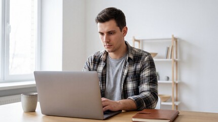 Fototapeta premium Young man working on laptop at wooden desk in modern home office with bookshelf and window