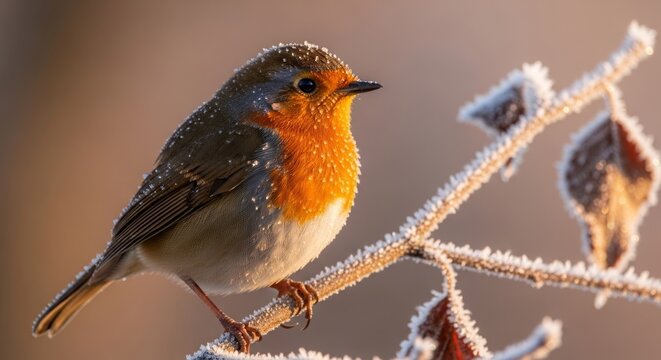 Macro photography of a vibrant songbird perched on a frost-covered branch at dawn, soft amber morning light illuminating detailed feather textures