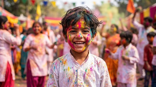 Indian child looking at camera with Holi colors on face, joyful cultural festival portrait with vivid powder and bright expressive detail, realistic finish, no logos