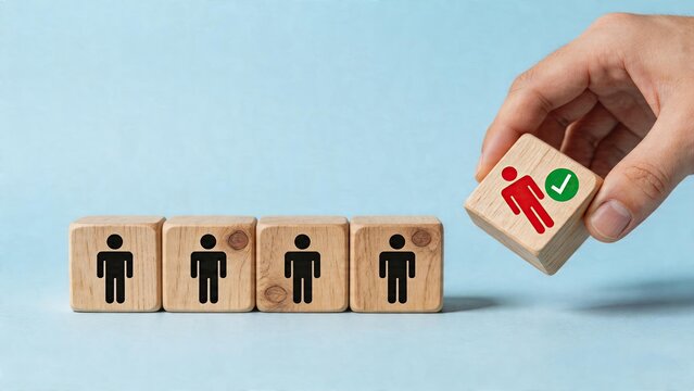 Business recruiting selecting new candidate for job position with wooden blocks icon hiring concept