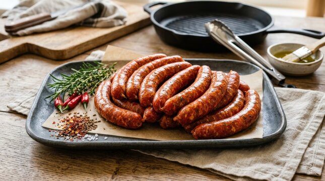 Raw merguez sausages on a tray, fresh spicy sausage preparation for grilling with clean food presentation, realistic detail, no logos