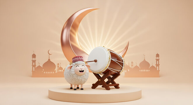 Eid al-Adha Greeting with Cute 3D Cartoon Sheep and Bedug Drum