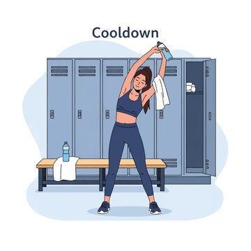 Flat vector illustration of a young woman in sportswear stretching in a gym locker room with blue lockers and a bench, performing a cooldown side stretch after exercise.