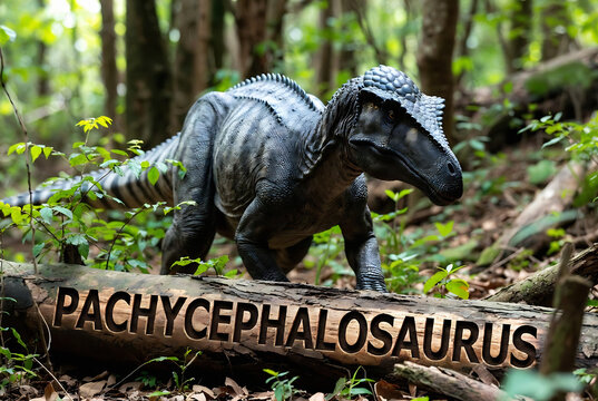 A life-sized, realistic model of a Pachycephalosaurus is displayed with a sign in a forest setting.