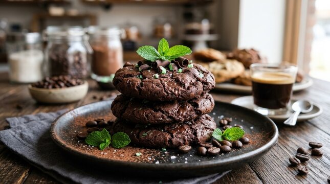 Dark chocolate mint cookies with coffee beans and fresh mint, gourmet dessert concept, rich texture and elegant bakery styling, no logos