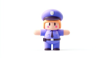 Fototapeta premium Friendly 3D Chibi Policewoman in a Purple Uniform, Isolated on a White Background.