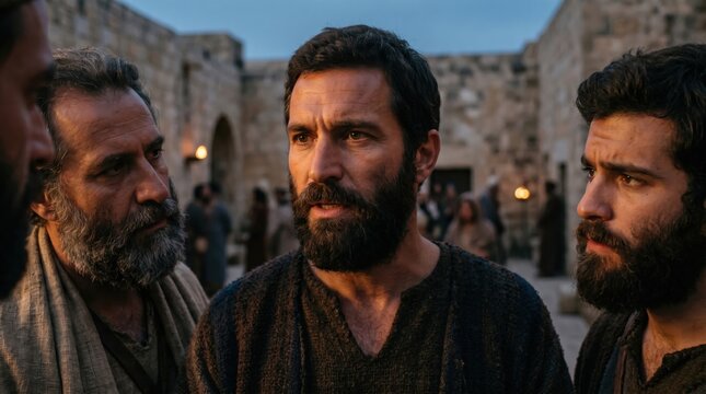 Man representing Saint Stephen chosen by Apostles to serve community. Biblical scene of early church leaders. Religious historical reenactment illustrating Acts 6 of the Holy Bible.