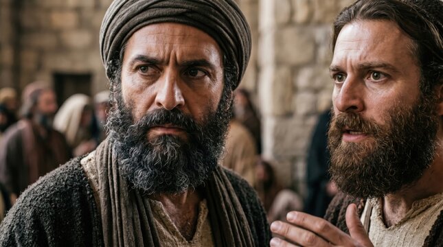Two middle eastern men wearing biblical clothing in ancient Jerusalem. Apostles choosing deacons to serve in the church. Dramatic reenactment of Acts 6 scene featuring historic believers.