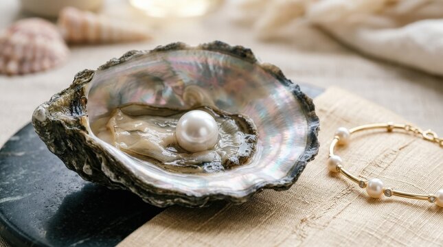 Pearl inside open oyster shell, luxury jewelry and nature concept, iridescent texture, clean elegant composition, soft light, realistic detail, no logos