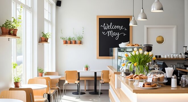 Bright modern caf&eacute; interior with welcome may chalkboard and cozy seating