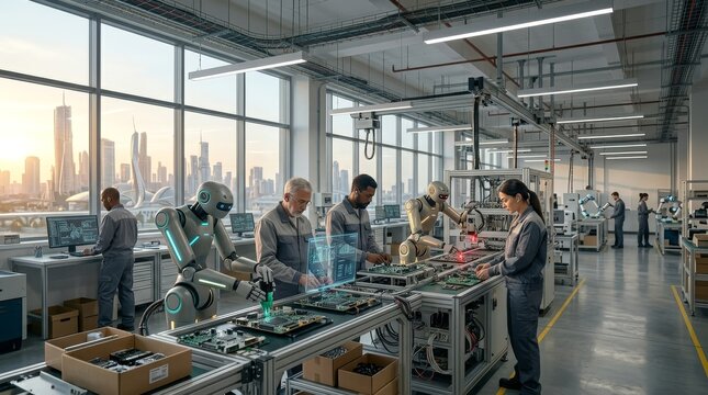 Industrial technicians working alongside agile AI collaborative robots on smart electronics manufacturing floor.