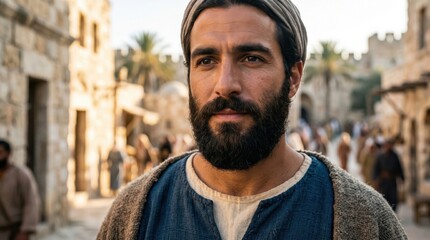 Fototapeta premium Portrait of disciple Stephen in biblical city settings. Man wearing ancient clothing as character from Acts of the Apostles. Religious scene representing historical faith and spirituality.
