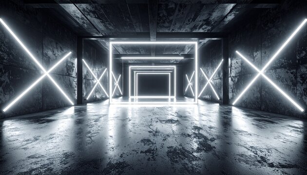An ultra-wide, photorealistic 3D render of an empty futuristic corridor. Dark, textured concrete walls and tiled floor. The ceiling is covered in an intricate geometric grid pattern made of glowing cy