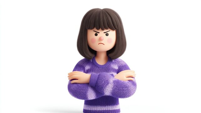 Furious 3D Character with Crossed Arms and an Angry Frown in a Purple Sweater