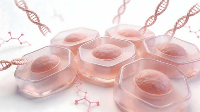 Biological cells in containers with DNA strands