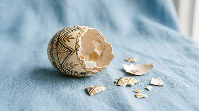 Broken decorative eggshell resting open with fragments on soft blue backdrop, artistic still life exploring texture and contemporary minimal design, refined realistic detail, no logos