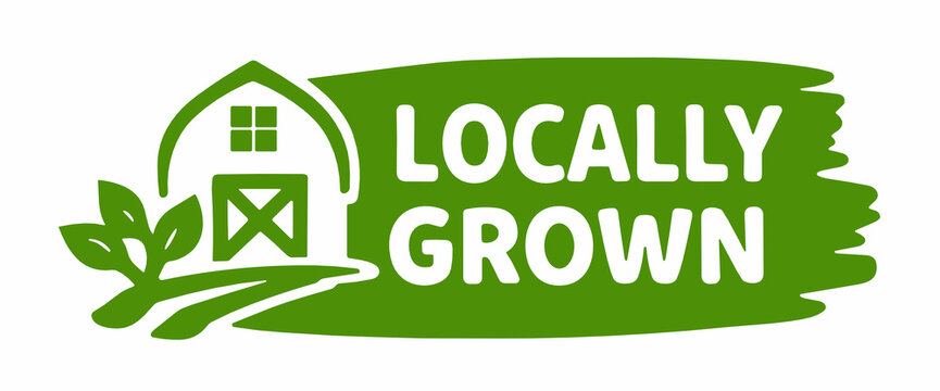 A green grunge-style eco label featuring the text Locally Grown with a farm barn and leaf icons on white background. Concept of local farming and fresh produce.