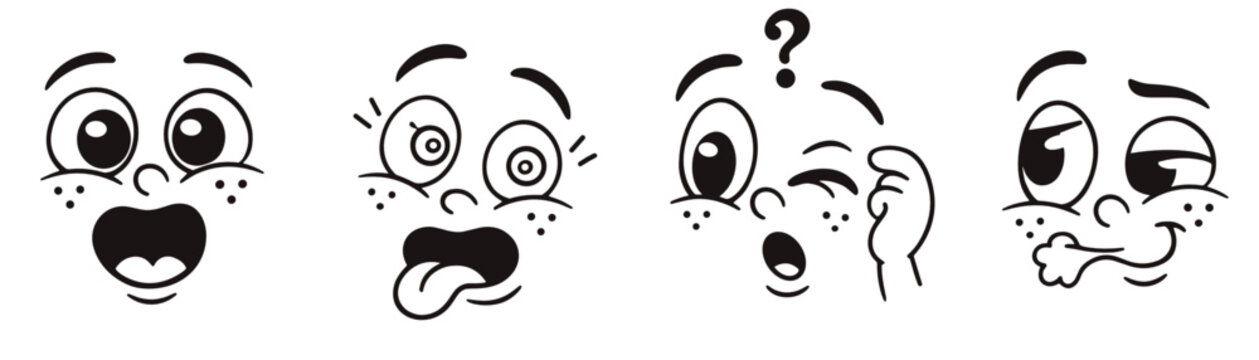 A row of cartoon faces depicting surprise, question, shock, disgust, and silly reactions. Minimalist black outline style on white. Perfect for comics and emoji design.