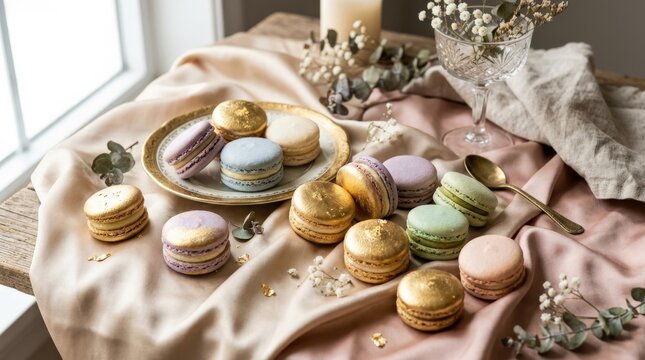 Metallic gold and pastel macarons arranged on silky fabric, rich textured dessert still life with trendy luxurious aesthetic, elegant color palette, soft studio lighting, no logos