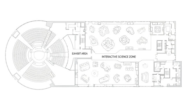 Architectural floor plan of a science museum featuring an exhibit area, interactive science zone, and a large circular auditorium with tiered seating