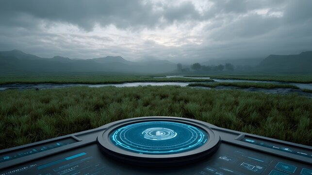 A dramatic confluence of a foggy misty marsh landscape under an overcast sky and a sophisticated futuristic control panel