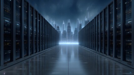 Fototapeta premium A dramatic perspective view down a modern glowing server corridor leading toward a futuristic city skyline