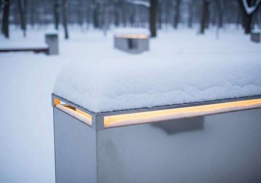 Snow-covered modern outdoor light fixture glowing warmly in a winter park
