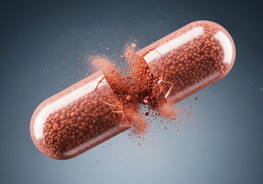 Transparent capsule exploding with tiny orange pellets and powder against a dark blue background