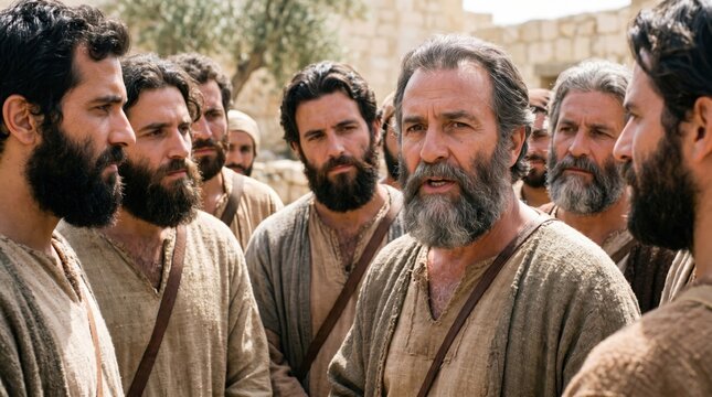 Group of ancient men with beards standing together and talking. Biblical scene representing apostles and disciples from Acts of the Apostles chapter 6 in early Christian history.