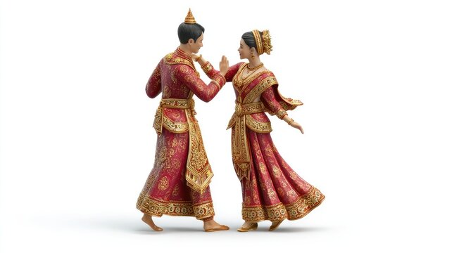 Graceful Couple in Ornate Red and Gold Traditional Attire in a Classical Dance Pose