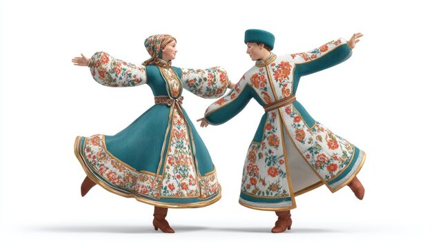 Graceful Slavic Couple Dancing in Ornate Teal and Floral Folk Costumes