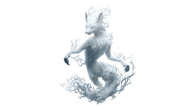 Graceful White Fox Spirit with Intricate, Sculpted Tendrils and Dark Claws
