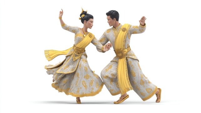 Graceful Thai Couple in Ornate Gold and White Attire Performing a Traditional Dance