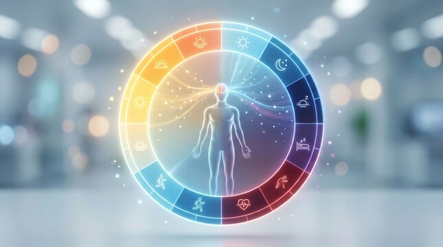 Human silhouette inside circular energy chart. Bioenergetic field and chakra visualization concept. Digital health monitoring and holistic wellness technology for medical diagnosis.