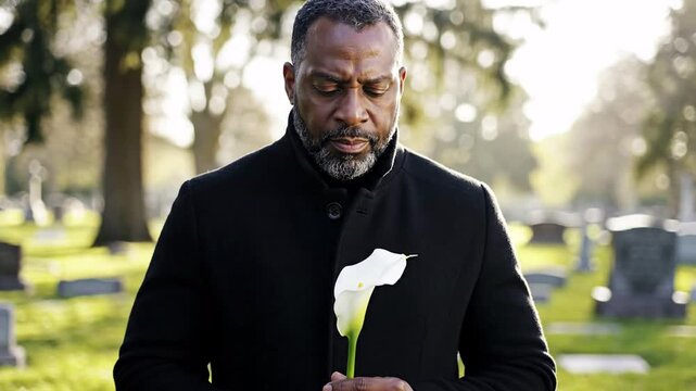 Grieving man holding a white calla lily in a cemetery, somber mood, respectful remembrance, loss and sorrow, final farewell