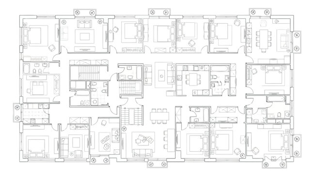 Detailed architectural floor plan of a multiunit residential apartment building showing various apartment layouts with bedrooms and living areas