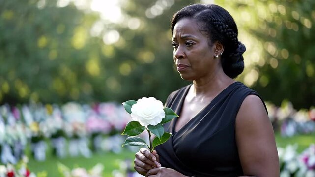 Grieving woman holding a white camellia flower in a cemetery, with blurred floral tributes in the background