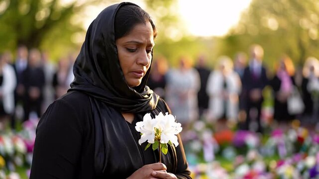 Grieving woman in black headscarf holding white flower at a funeral, mourning and remembrance with blurred crowd and floral tributes in sunlight